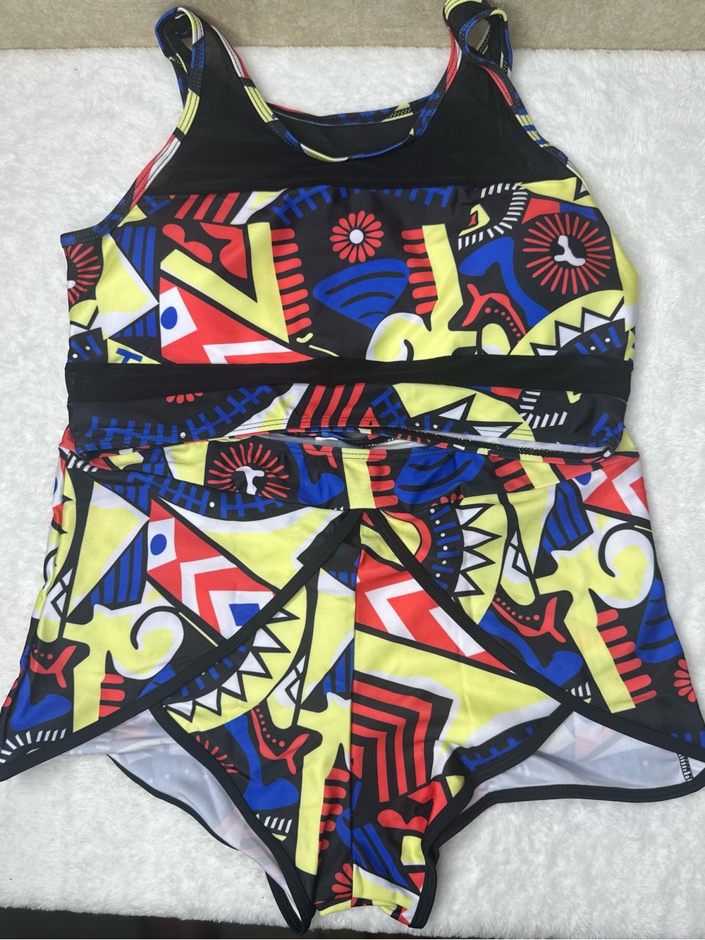 Black Multicolor Geometric Two-Piece Swim for Women